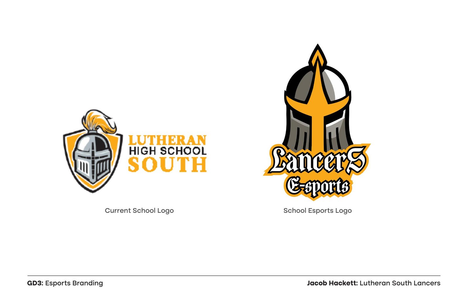 Esports branding presentation slide: comparison of the current Lutheran South school logo and the new Lancers Esports logo