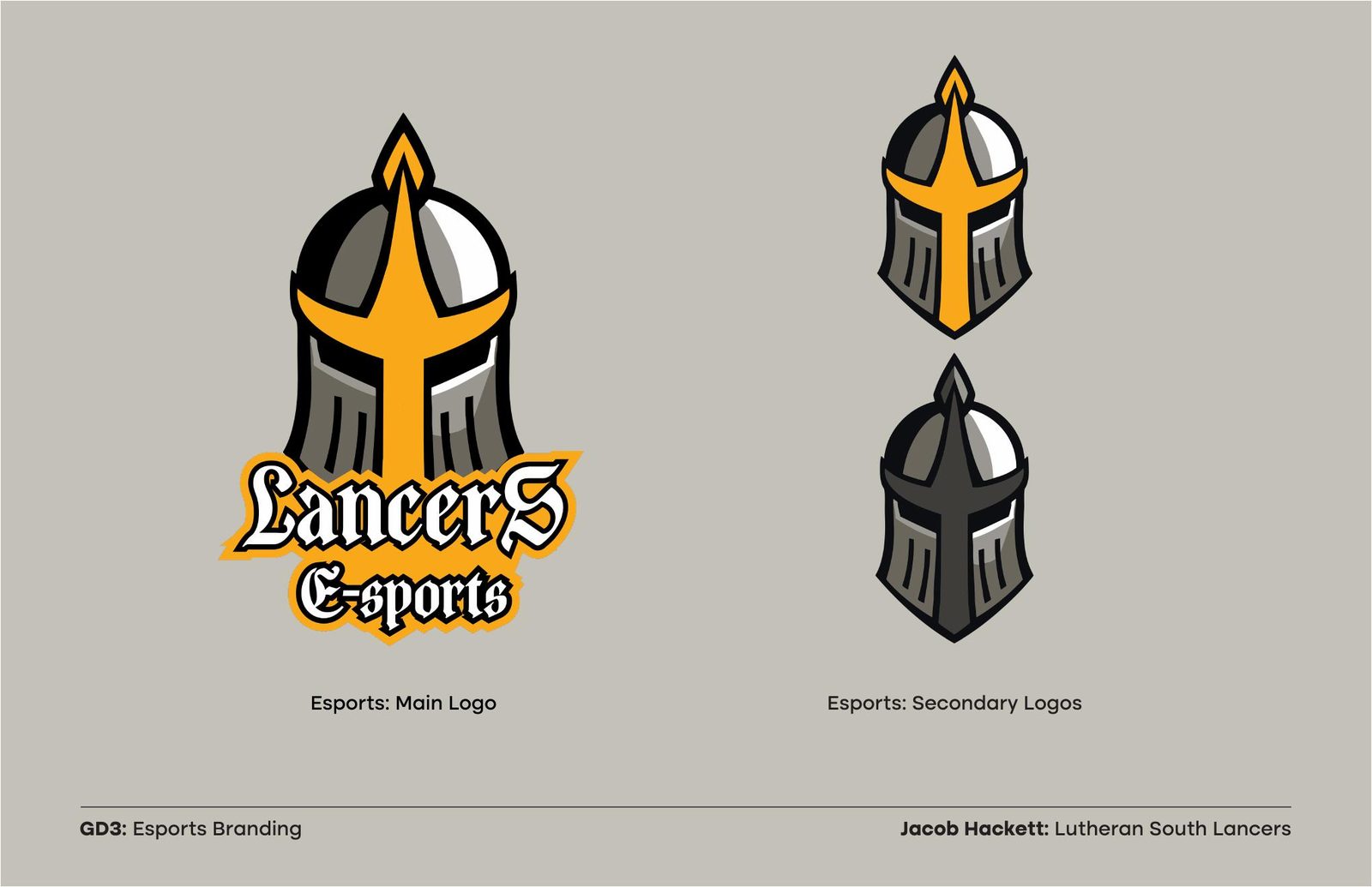 Esports branding presentation slide: Lancers Esports main logo and secondary knight-helmet logos