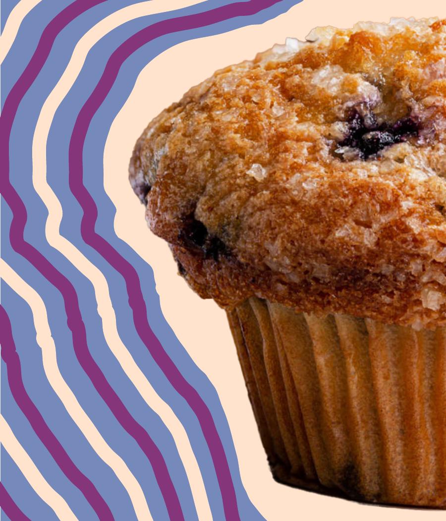 To-Die-For Blueberry Muffins recipe card, full-bleed photo of a blueberry muffin