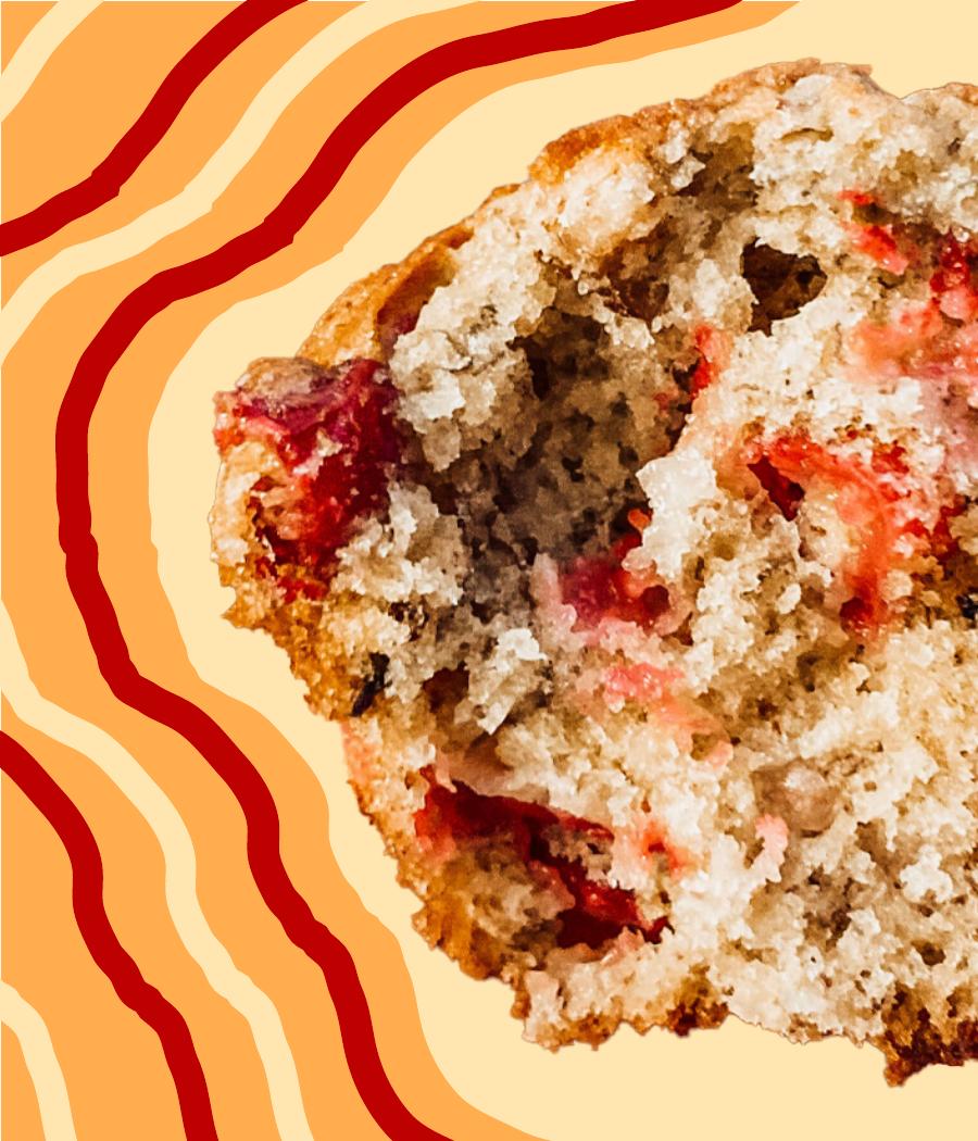 Orange Cranberry Dream Muffins recipe card, full-bleed photo of an orange cranberry muffin